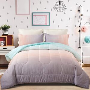 Girls Comforter Set, King Size, Ombre Blue Pink Rainbow 3-Piece Bedding Collection