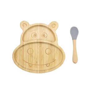 Bamboo Kids Children Baby Plate Bowl & Silicon Suction Cap Base & Spoon - Hippo