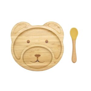 Bamboo Kid Child Baby Plate Bowl & Silicon Suction Cap Base & Spoon - Teddy Bear