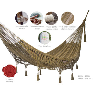 Outdoor undercover cotton Mayan Legacy hammock with hand crocheted tassels Queen Size Cedar