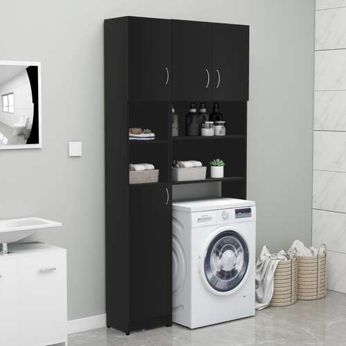 Washing Machine Cabinet Set Black Engineered Wood