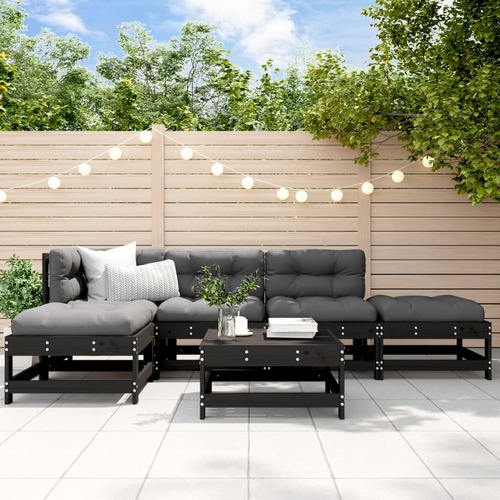 6 Piece Garden Lounge Set with Cushions Black Solid Wood