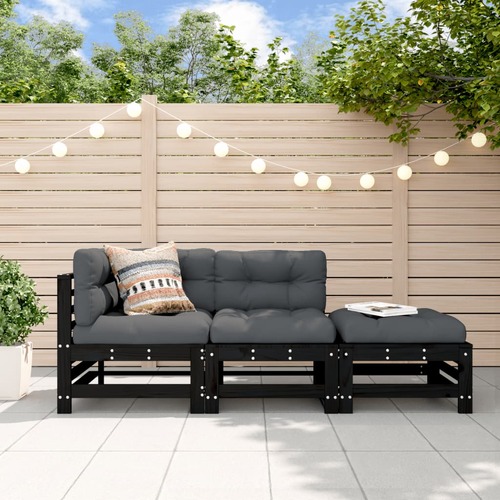 3 Piece Garden Lounge Set with Cushions Black Solid Wood