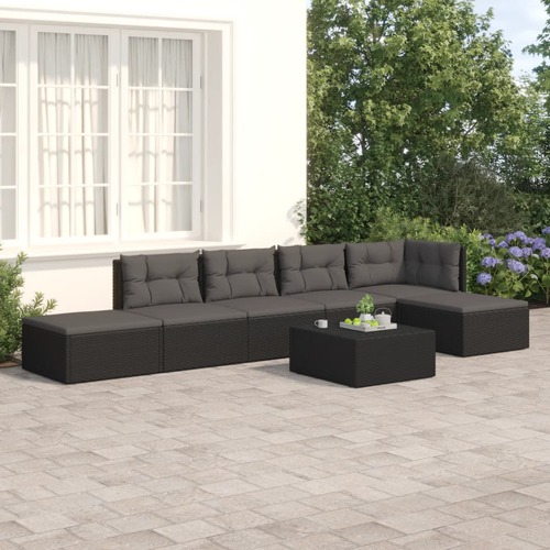 6 Piece Garden Lounge Set with Cushions Black Poly Rattan