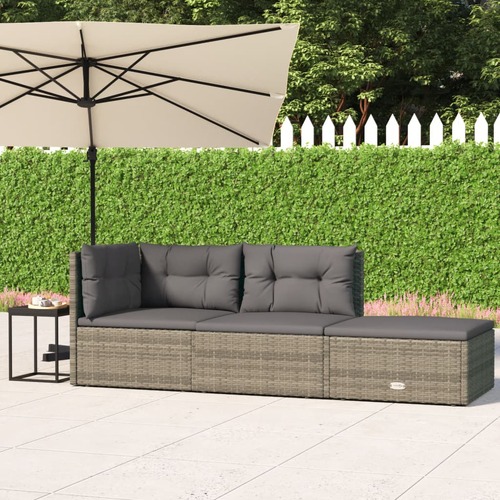 3 Piece Garden Lounge Set with Cushions Grey Poly Rattan