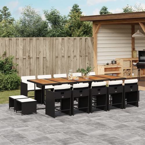 15 Piece Garden Dining Set with Cushions Black Poly Rattan