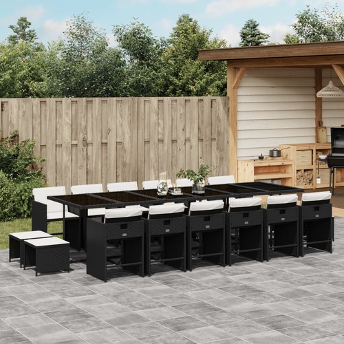 17 Piece Garden Dining Set with Cushions Black Poly Rattan