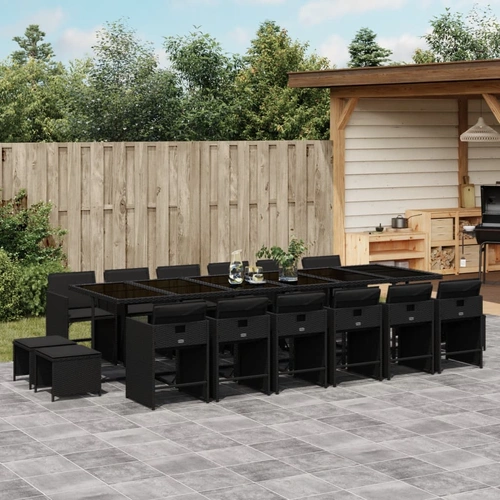 17 Piece Garden Dining Set with Cushions Black Poly Rattan