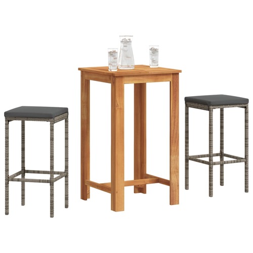 3 Piece Garden Bar Set Grey Solid Wood Acacia and Poly Rattan