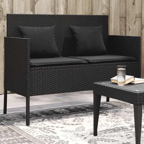 Garden Bench with Cushions Black Poly Rattan