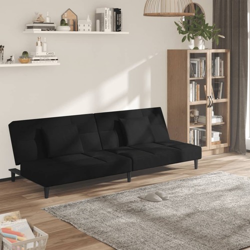 2-Seater Sofa Bed with Two Pillows Black Velvet