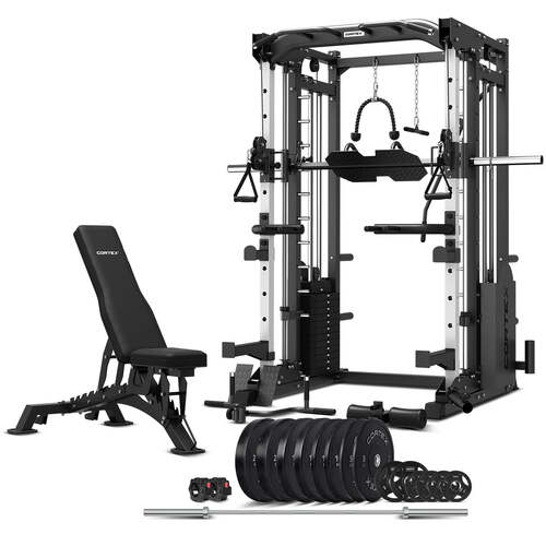 CORTEX SM-25 6-In-1 Power Rack With Smith & Cable Machine + Bn-9 Bench + 130Kg Olympic Bumper Weight Plate & Barbell Package