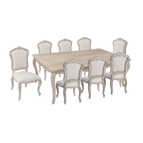 9pcs Large Sizes Oak Wood White Washed Finish Dining Set