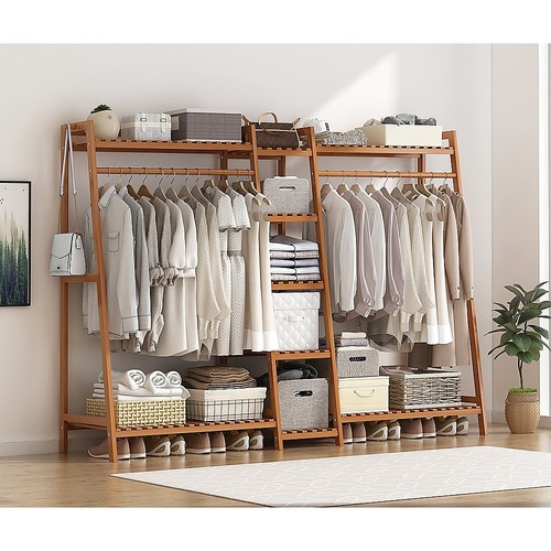 Portable Clothes Rack Coat Garment Stand Bamboo Rail Hanger Airer Closet.