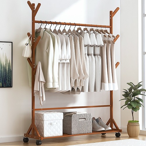 Portable Clothes Rack Coat Garment Stand Bamboo Rail Hanger Airer Closet,