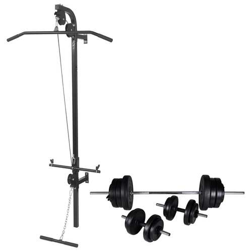 Wall-mounted Power Tower with Barbell and Dumbbell Set