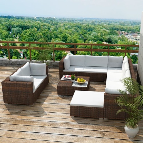 10 Piece Garden Lounge Set with Cushions Poly Rattan