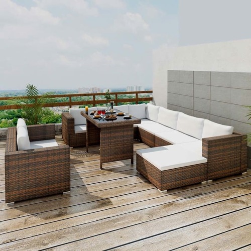 10 Piece Garden Lounge Set with Cushions Poly Rattan