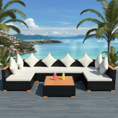 Garden Lounge Set with Cushions Poly Rattan Black