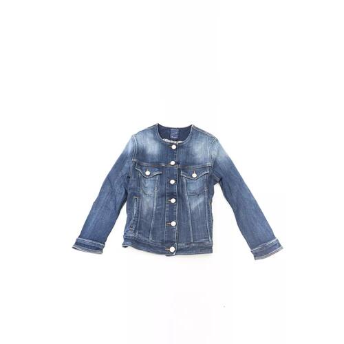 Round Neckline Denim Jacket with Metal Buttons and Contrast Stitching