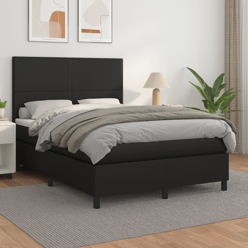 Box Spring Bed with Mattress Black Faux Leather