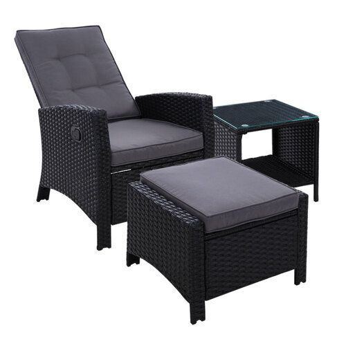 3PC Recliner Chairs Table Sun lounge Wicker Outdoor Furniture Adjustable Black