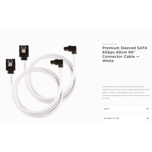 CORSAIR Premium Sleeved SATA 6Gbps 60cm 90?? Connector Cable ÔÇö White