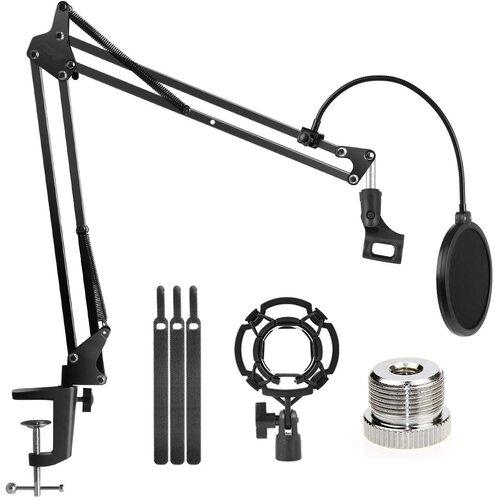 Microphone Radio Broadcasting Stand with 3/8"to 5/8" Screw Adapter and Windscreen Pop Filter