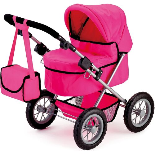 Foldable Dolls Pram with Height-Adjustable Handle and Shoulder Bag, Stable, Pink