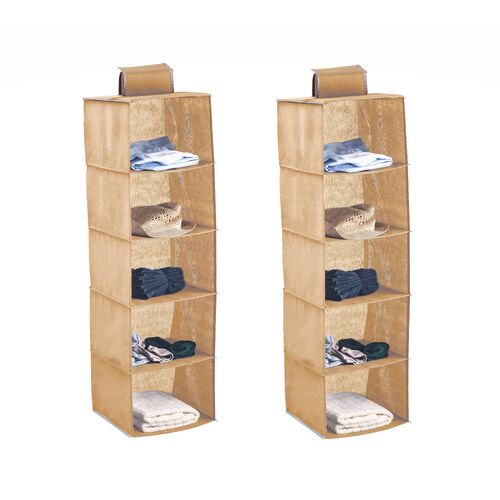 2 Pack 5-Tier Shelf Hanging Closet Organizer and Storage for Clothes (Beige)