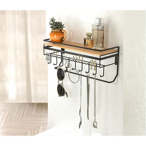 Wall Mount Hanging Jewelry Organizer with 9 Hooks (Black Metal)