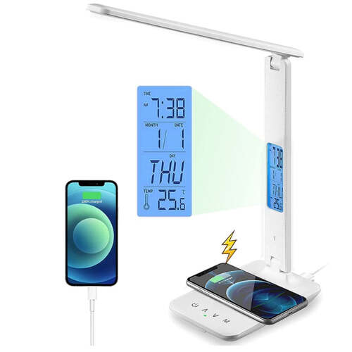 LED Desk Lamp with Fast Wireless Charger Clock Alarm Date Temperature