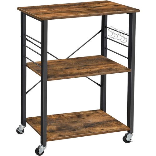 Kitchen Shelf on Wheels Serving Trolley with 3 Shelves Metal Frame with 6 Hook Rustic Brown