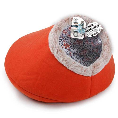 Igloo Cat Bed Reversible Cave - Orange Retro Vintage Faux Felt Fabric - AFP