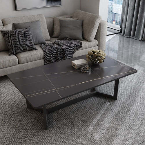 120x60cm Matte Black Minimalist Slate Coffee Table Marble Tea Table Living Room Rectangle Cocktail Side Table Solid Metal Legs