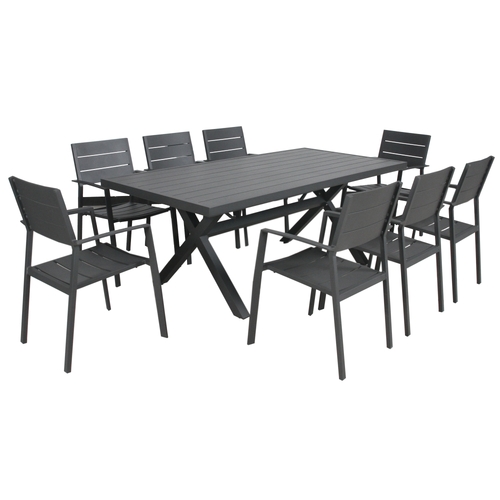 9pc 200cm Outdoor Trestle Dining Table Chair Set Aluminium Frame Grey