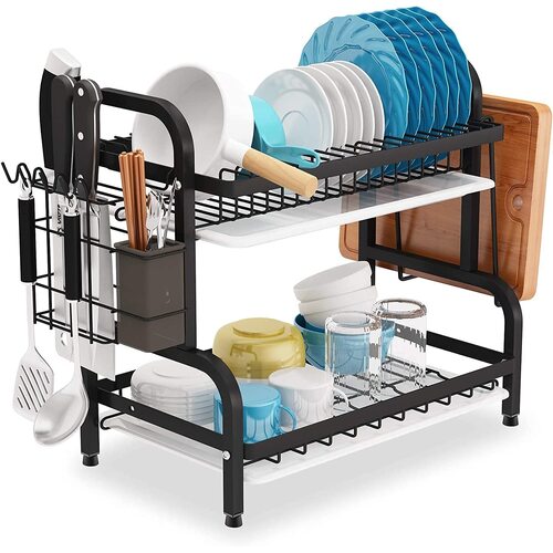 Dish Rack 2 Tier Dish Dryer Drainer Stainless Steel Dish Drying Rack Drip Trays Side Holder Kitchen Storage Save Space