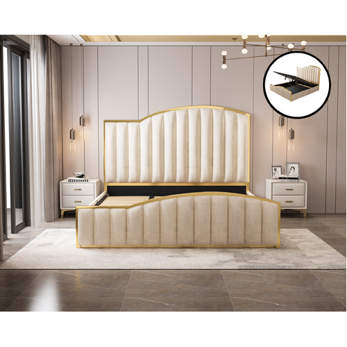 Elegant Luxury King Size Bedframe in Beige with Gas Lift Storage Velvet Fabric Golden Trim