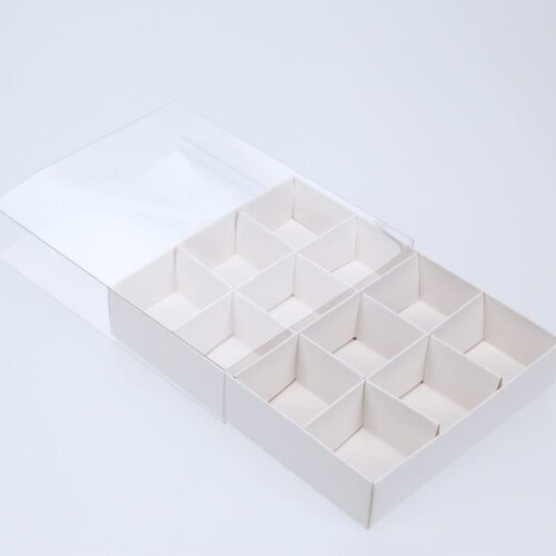 100 Pack of White Card Chocolate Sweet Soap Product Reatail Gift Box - 12 bay 4x4x3cm Compartments  - Clear Slide On Lid - 16x12x3cm