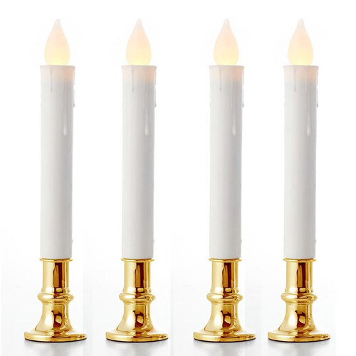 10 Pack Taper Stick White Battery Candle - Natural Flame Light Colour No Flicker - Gold Stand Base