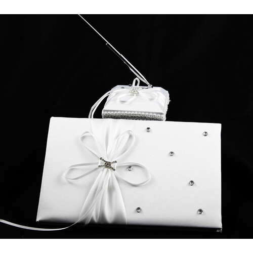 White Wedding Guest Book Register with Silver Pen Matching Stand Set 36 Lined Pages - White Ribbon and Diamante Bow Cover