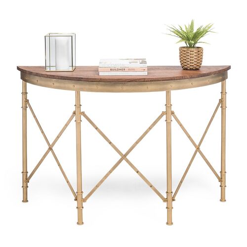 Wooden Hallway Console Table Half Round Shape in French Brass Finish