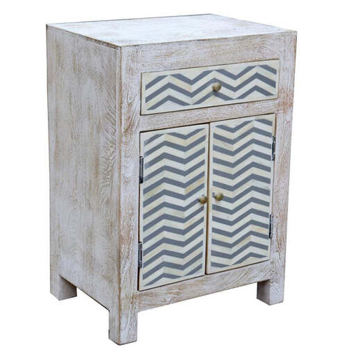 Havasu 2 drawer whitewashed bedside cabinet with Grey/White bone chevron design