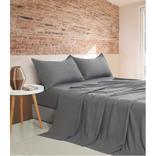 CleverPolly Vintage Washed Microfibre Sheet Set with 2 Pillowcases - Grey - Double