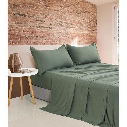 CleverPolly Vintage Washed Microfibre Sheet Set with 1 Pillowcase - Khaki Green - King Single