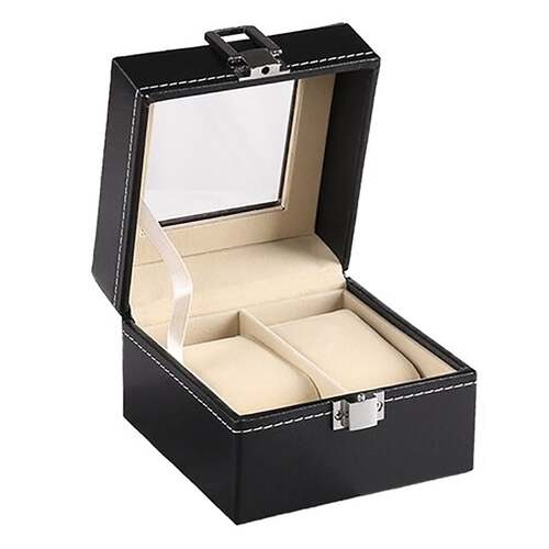 Watch Box Organizer Case Jewelry Display Tray Glass Top PU Leather(2 Slot)