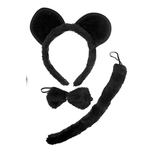 BLACK MOUSE / BEAR HEADBAND w Bow Ears Tail Animal Costume Halloween Party