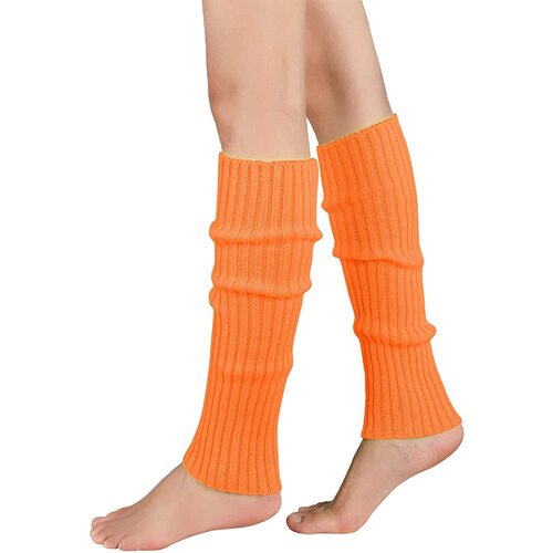 Pair of Womens Leg Warmers Disco Winter Knit Dance Party Crochet Legging Socks Costume - Orange