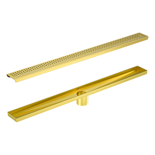 1200mm Bathroom Shower Brushed Brass Grate Drain w/ Centre outlet Floor Waste Square Pattern