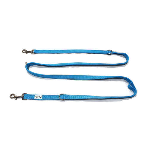 Multi Dog Lead - Nylon w/Reflective Stitching - Double Clip ,Coupler, Waist Belt, Short/Long, Quicktie - Moondidley Pets 20mm Light Blue